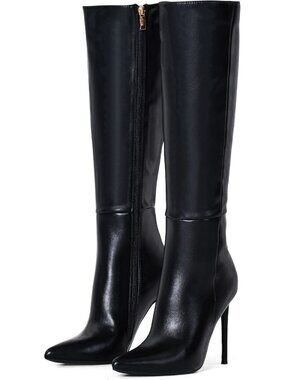 Women's Black Synthetic Rubber Stretch Suede Long Pointed Toe Over the Knee Boot